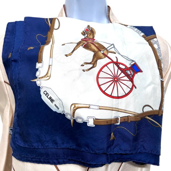 Vgt Celine Paris 100% Silk Scarf Satin 34"   ivery blue horse carriage (43 - Picture 4 of 12